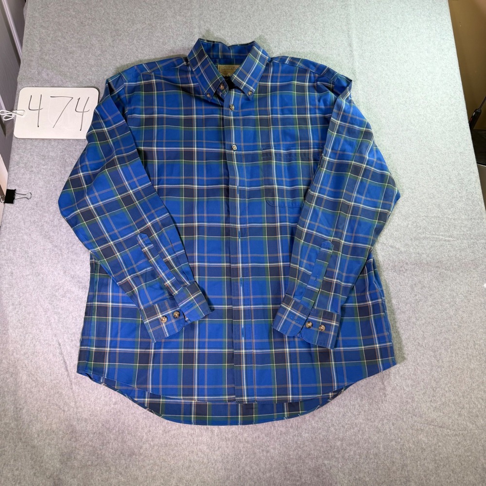 Cabelas Outfitter Series Mens Blue Green Plaid Button Down Shirt Large Regular